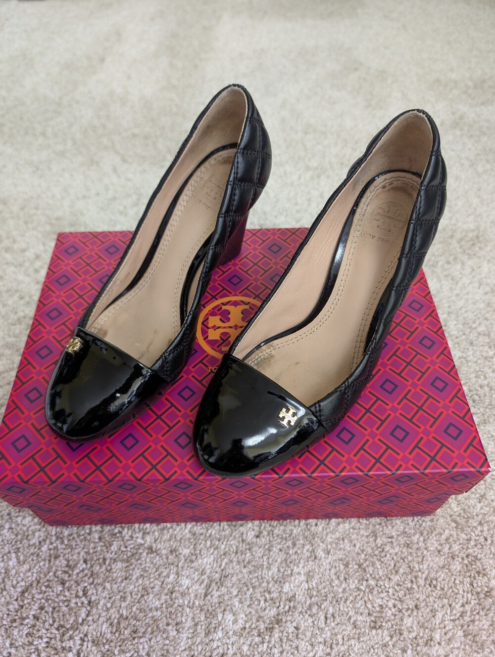 Tory Burch Claremont Black Patent Leather Quilted Wedges - Size 6.5